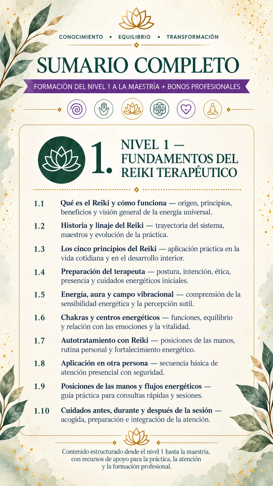 Sumario — Nivel 1: Fundamentos del Reiki Terapéutico