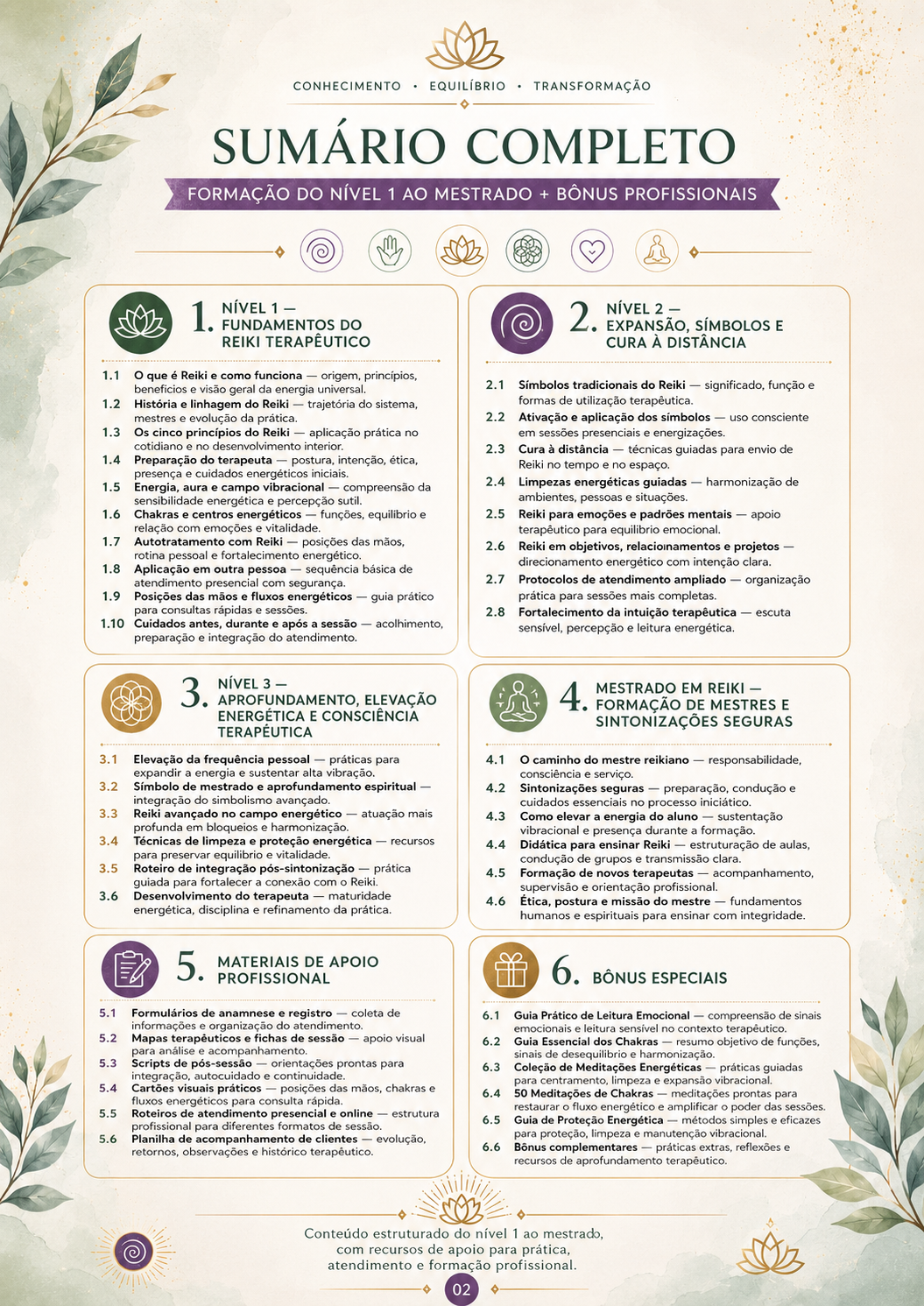 Sumário completo da Formação Profissional em Reiki Terapêutico, do Nível 1 ao Mestrado, incluindo bônus profissionais