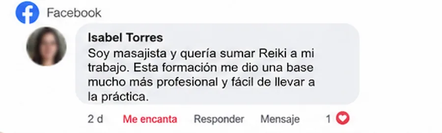 Comentario en Facebook de Isabel Torres: base profesional para aplicar Reiki.