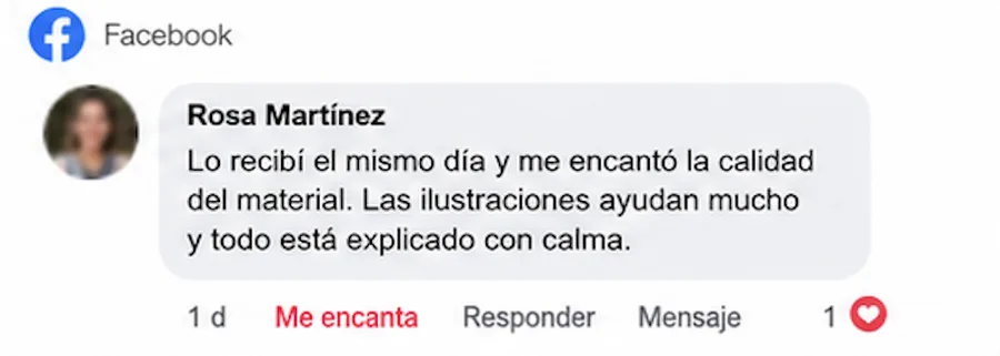 Comentario en Facebook de Rosa Martínez: calidad del material e ilustraciones.