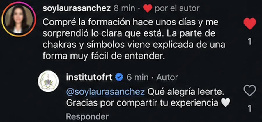 Comentario en Instagram: alumna destaca claridad de chakras y símbolos.