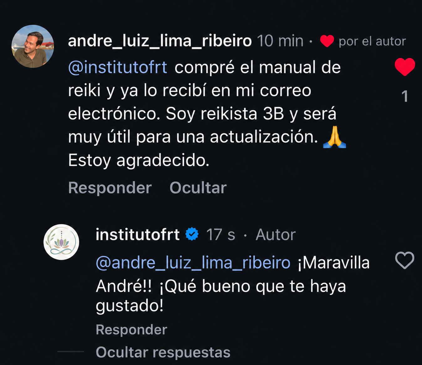 Comentario en Instagram: acabo de recibirlo en el correo.