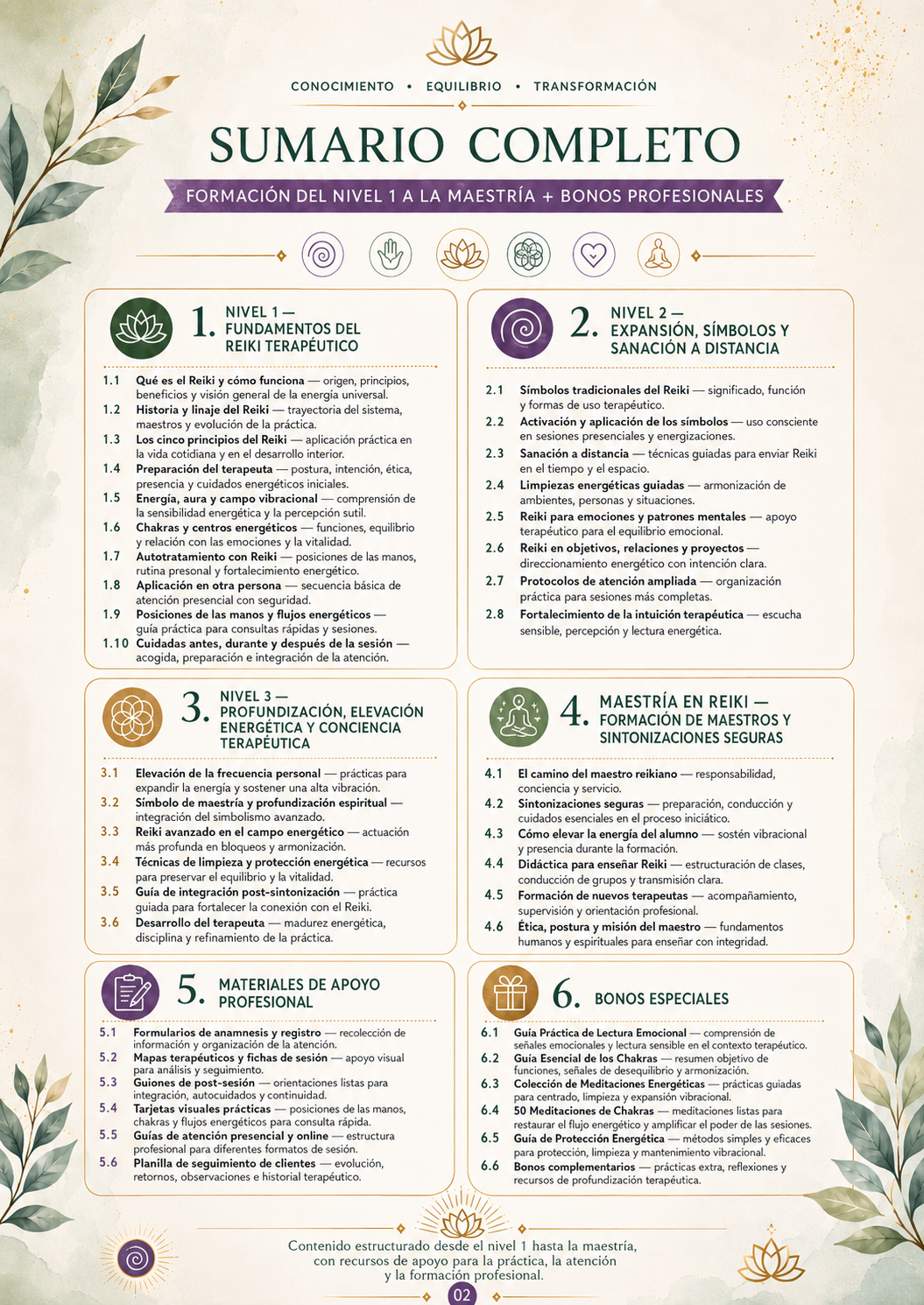 Índice completo de la Formación Profesional en Reiki Terapéutico, del Nivel 1 a la Maestría, incluyendo bonos profesionales