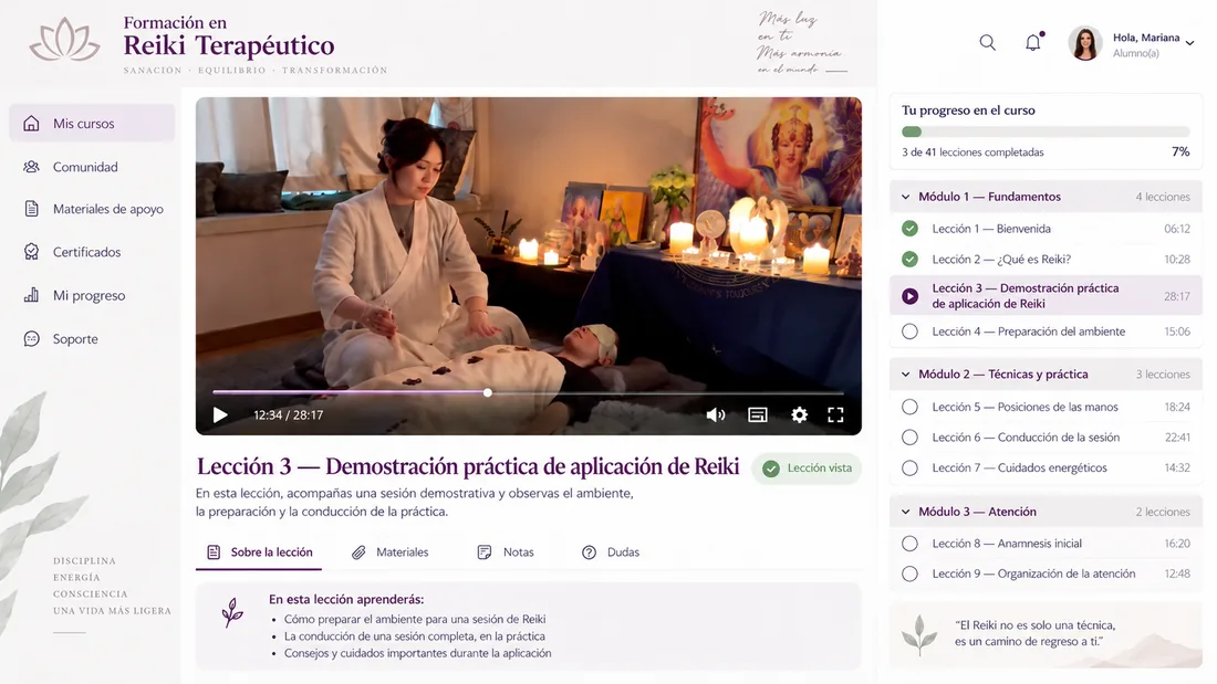 Área de alumna con clase de Reiki en video, vista 1